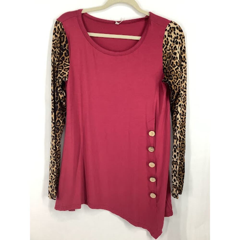 Viishow Maroon Leopard Print Buttoned Pullover Sweater Women's Size Medium